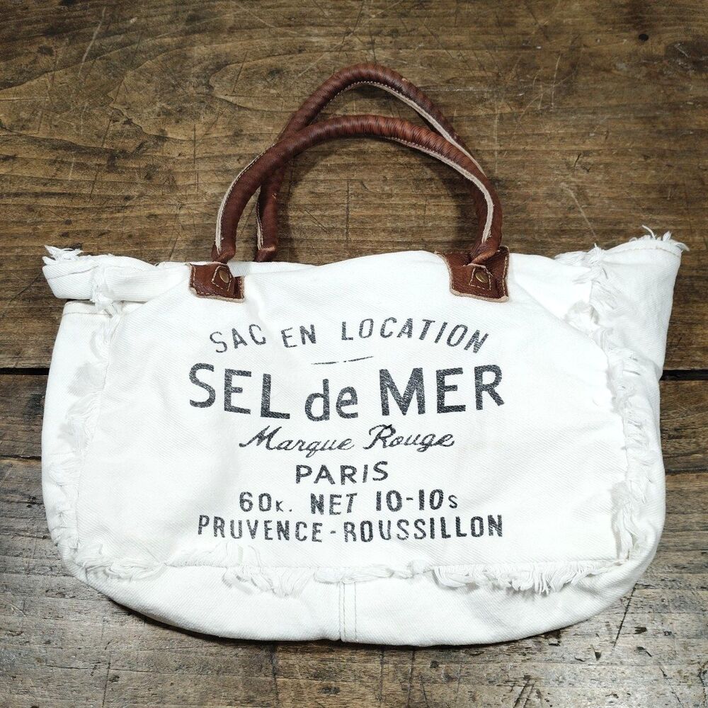 Myra Bags Canvas Tote Sel De Mer Paris Upcycled Distressed Purse Boho White Bag